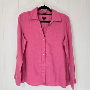 Talbots Irish Linen V-Neck Button Down Shirt Pink Long Sleeve Collar Size 16P